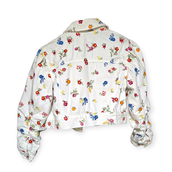 Alice + Olivia Renee Floral Embroidered White Cropped Denim Jean Jacket Small - Picture 3 of 7